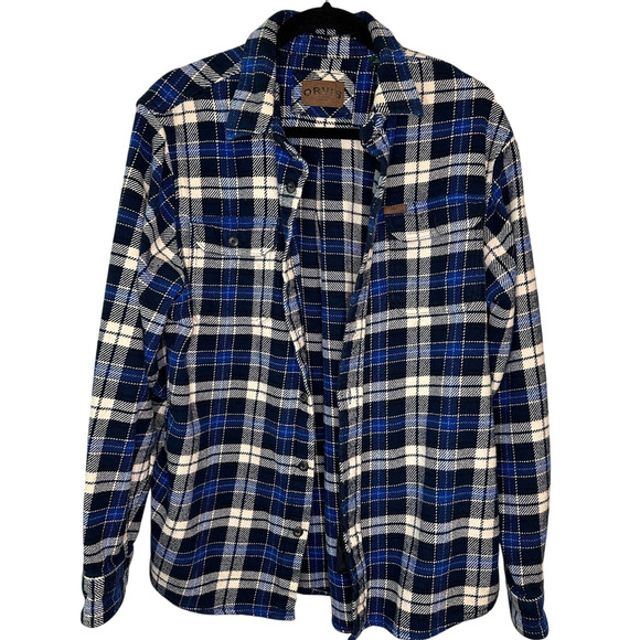 Orvis Plaid Flannel Shirt Button Down Shacket Mens Medium Blue Black Cotton - Picture 1 of 9